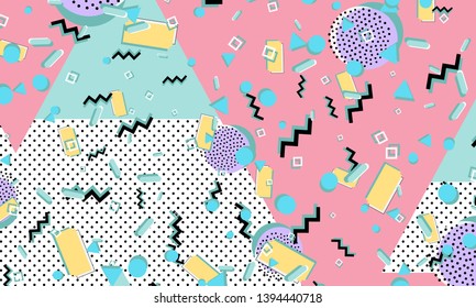 Memphis pattern. Geometric shapes. Hipster style 80s-90s. Color abstract background. Vector Illustration.