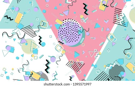 Memphis pattern. Geometric shapes. Hipster style 80s-90s. Color abstract background. Vector Illustration.