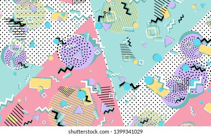 Memphis pattern. Geometric shapes. Hipster style 80s-90s. Color abstract background. Vector Illustration.