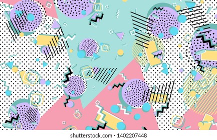 Memphis pattern. Geometric shapes. Hipster style 80s-90s. Color abstract background. Vector Illustration.