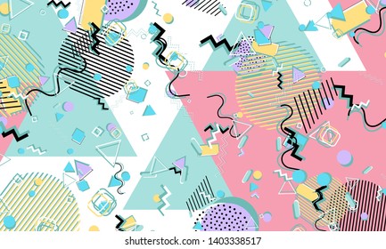 Memphis pattern. Geometric shapes. Hipster style 80s-90s. Color abstract background. Vector Illustration.