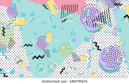 Memphis pattern. Geometric shapes. Hipster style 80s-90s. Color abstract background. Vector Illustration.