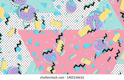 Memphis pattern. Geometric shapes. Hipster style 80s-90s. Color abstract background. Vector Illustration.