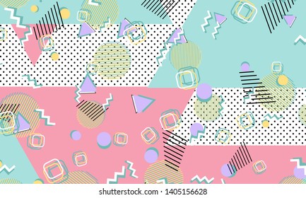 Memphis pattern. Geometric shapes. Hipster style 80s-90s. Color abstract background. Vector Illustration.