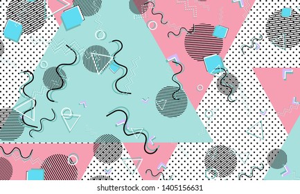 Memphis pattern. Geometric shapes. Hipster style 80s-90s. Color abstract background. Vector Illustration.