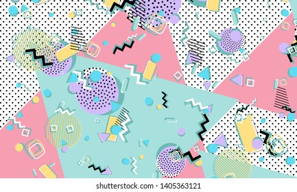 Memphis pattern. Geometric shapes. Hipster style 80s-90s. Color abstract background. Vector Illustration.