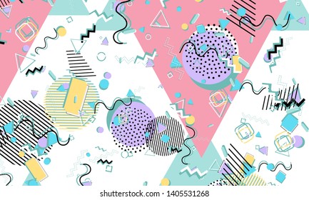 Memphis pattern. Geometric shapes. Hipster style 80s-90s. Color abstract background. Vector Illustration.