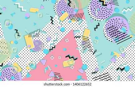 Memphis pattern. Geometric shapes. Hipster style 80s-90s. Color abstract background. Vector Illustration.