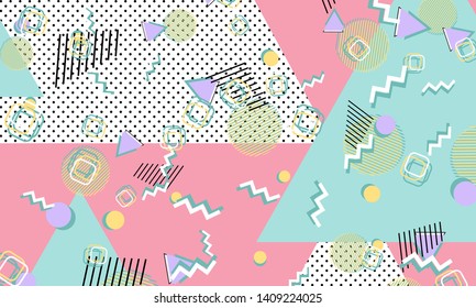Memphis pattern. Geometric shapes. Hipster style 80s-90s. Color abstract background. Vector Illustration.
