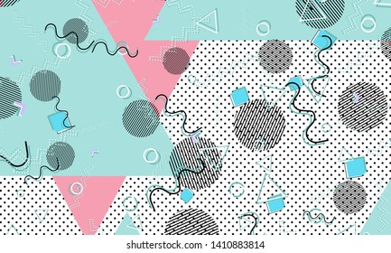 Memphis pattern. Geometric shapes. Hipster style 80s-90s. Color abstract background. Vector Illustration.
