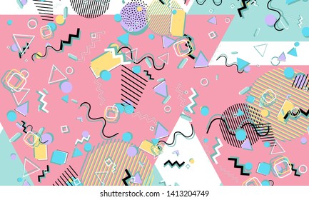 Memphis pattern. Geometric shapes. Hipster style 80s-90s. Color abstract background. Vector Illustration.