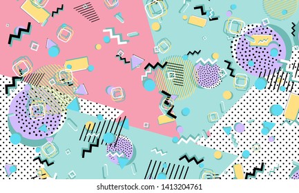 Memphis pattern. Geometric shapes. Hipster style 80s-90s. Color abstract background. Vector Illustration.