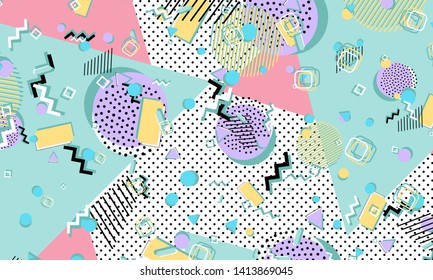 Memphis pattern. Geometric shapes. Hipster style 80s-90s. Color abstract background. Vector Illustration.