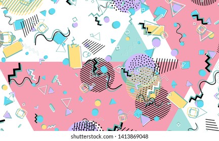 Memphis pattern. Geometric shapes. Hipster style 80s-90s. Color abstract background. Vector Illustration.