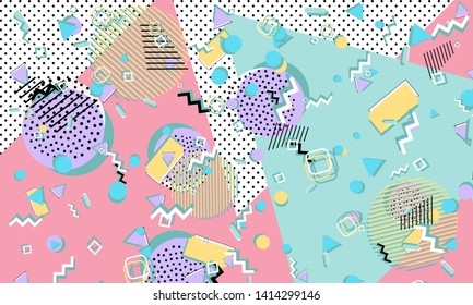 Memphis pattern. Geometric shapes. Hipster style 80s-90s. Color abstract background. Vector Illustration.