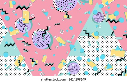 Memphis pattern. Geometric shapes. Hipster style 80s-90s. Color abstract background. Vector Illustration.