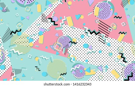 Memphis pattern. Geometric shapes. Hipster style 80s-90s. Color abstract background. Vector Illustration.