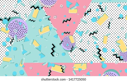 Memphis pattern. Geometric shapes. Hipster style 80s-90s. Color abstract background. Vector Illustration.