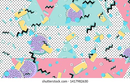 Memphis pattern. Geometric shapes. Hipster style 80s-90s. Color abstract background. Vector Illustration.