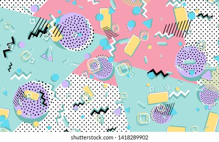 Memphis pattern. Geometric shapes. Hipster style 80s-90s. Color abstract background. Vector Illustration.