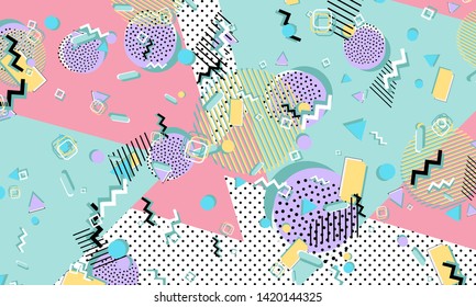 Memphis pattern. Geometric shapes. Hipster style 80s-90s. Color abstract background. Vector Illustration.