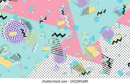 Memphis pattern. Geometric shapes. Hipster style 80s-90s. Color abstract background. Vector Illustration.