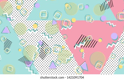 Memphis pattern. Geometric shapes. Hipster style 80s-90s. Color abstract background. Vector Illustration.