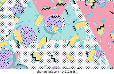 Memphis pattern. Geometric shapes. Hipster style 80s-90s. Color abstract background. Vector Illustration.