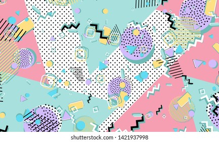Memphis pattern. Geometric shapes. Hipster style 80s-90s. Color abstract background. Vector Illustration.
