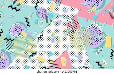 Memphis pattern. Geometric shapes. Hipster style 80s-90s. Color abstract background. Vector Illustration.
