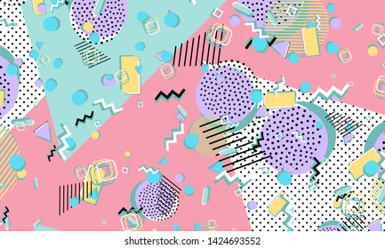 Memphis pattern. Geometric shapes. Hipster style 80s-90s. Color abstract background. Vector Illustration.