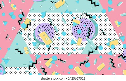 Memphis pattern. Geometric shapes. Hipster style 80s-90s. Color abstract background. Vector Illustration.