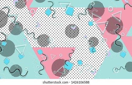 Memphis pattern. Geometric shapes. Hipster style 80s-90s. Color abstract background. Vector Illustration.