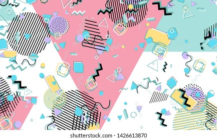 Memphis pattern. Geometric shapes. Hipster style 80s-90s. Color abstract background. Vector Illustration.
