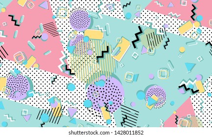 Memphis pattern. Geometric shapes. Hipster style 80s-90s. Color abstract background. Vector Illustration.