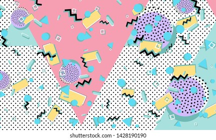 Memphis pattern. Geometric shapes. Hipster style 80s-90s. Color abstract background. Vector Illustration.