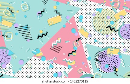 Memphis pattern. Geometric shapes. Hipster style 80s-90s. Color abstract background. Vector Illustration.