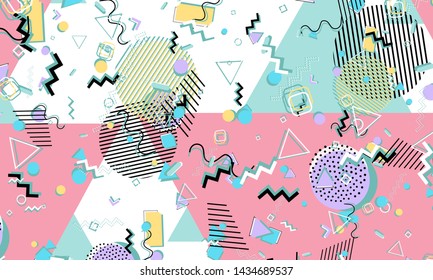 Memphis pattern. Geometric shapes. Hipster style 80s-90s. Color abstract background. Vector Illustration.