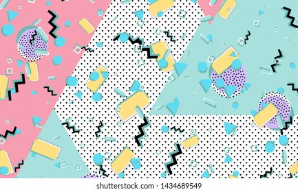 Memphis pattern. Geometric shapes. Hipster style 80s-90s. Color abstract background. Vector Illustration.