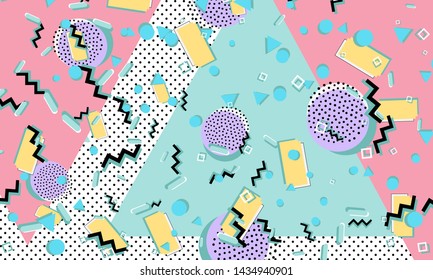 Memphis pattern. Geometric shapes. Hipster style 80s-90s. Color abstract background. Vector Illustration.