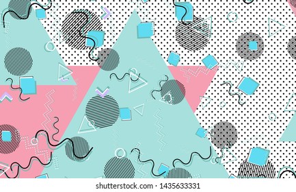 Memphis pattern. Geometric shapes. Hipster style 80s-90s. Color abstract background. Vector Illustration.
