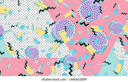 Memphis pattern. Geometric shapes. Hipster style 80s-90s. Color abstract background. Vector Illustration.