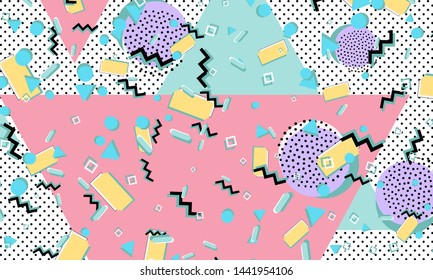 Memphis pattern. Geometric shapes. Hipster style 80s-90s. Color abstract background. Vector Illustration.