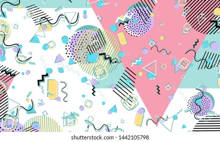 Memphis pattern. Geometric shapes. Hipster style 80s-90s. Color abstract background. Vector Illustration.