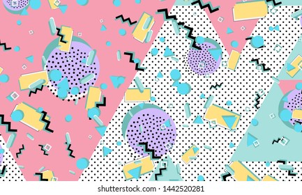 Memphis pattern. Geometric shapes. Hipster style 80s-90s. Color abstract background. Vector Illustration.