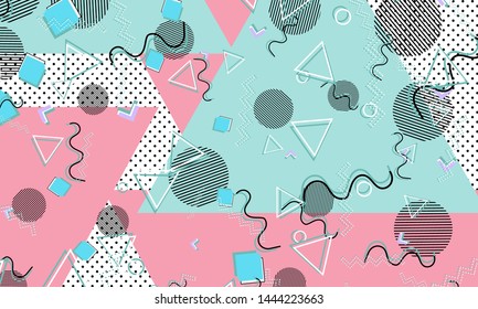 Patrón de Memphis. Formas geométricas. Estilo Hipster 80s-90s. Fondo abstracto de color. Ilustración vectorial.