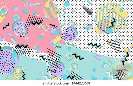 Memphis pattern. Geometric shapes. Hipster style 80s-90s. Color abstract background. Vector Illustration.
