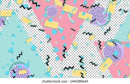 Memphis pattern. Geometric shapes. Hipster style 80s-90s. Color abstract background. Vector Illustration.