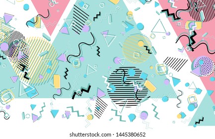 Memphis pattern. Geometric shapes. Hipster style 80s-90s. Color abstract background. Vector Illustration.