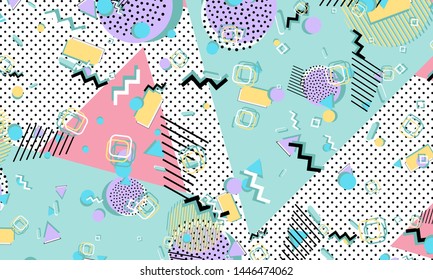 Memphis pattern. Geometric shapes. Hipster style 80s-90s. Color abstract background. Vector Illustration.